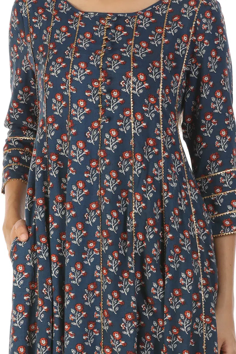 Floral Printed Blue Kurta Woman