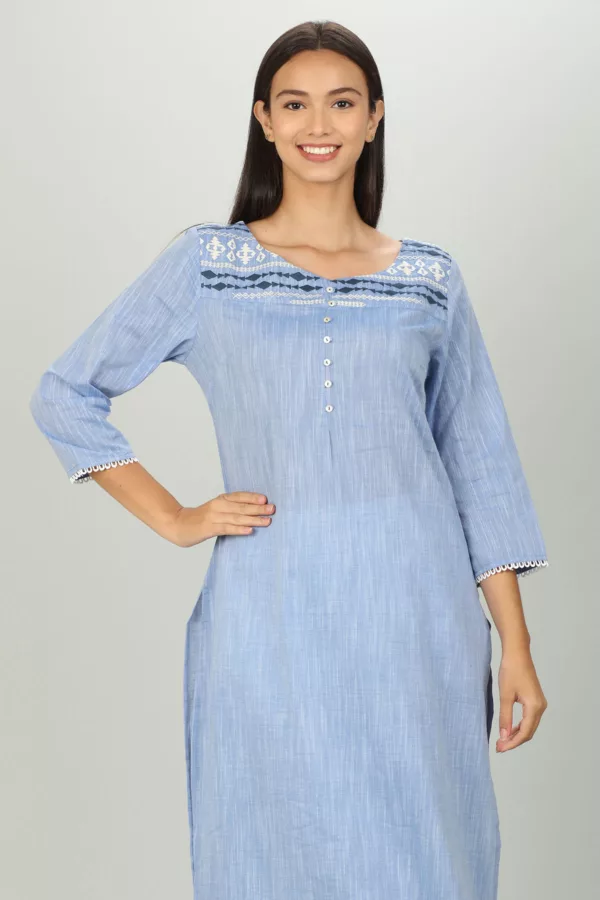 Blue Textured Ladies Embroidered Kurti