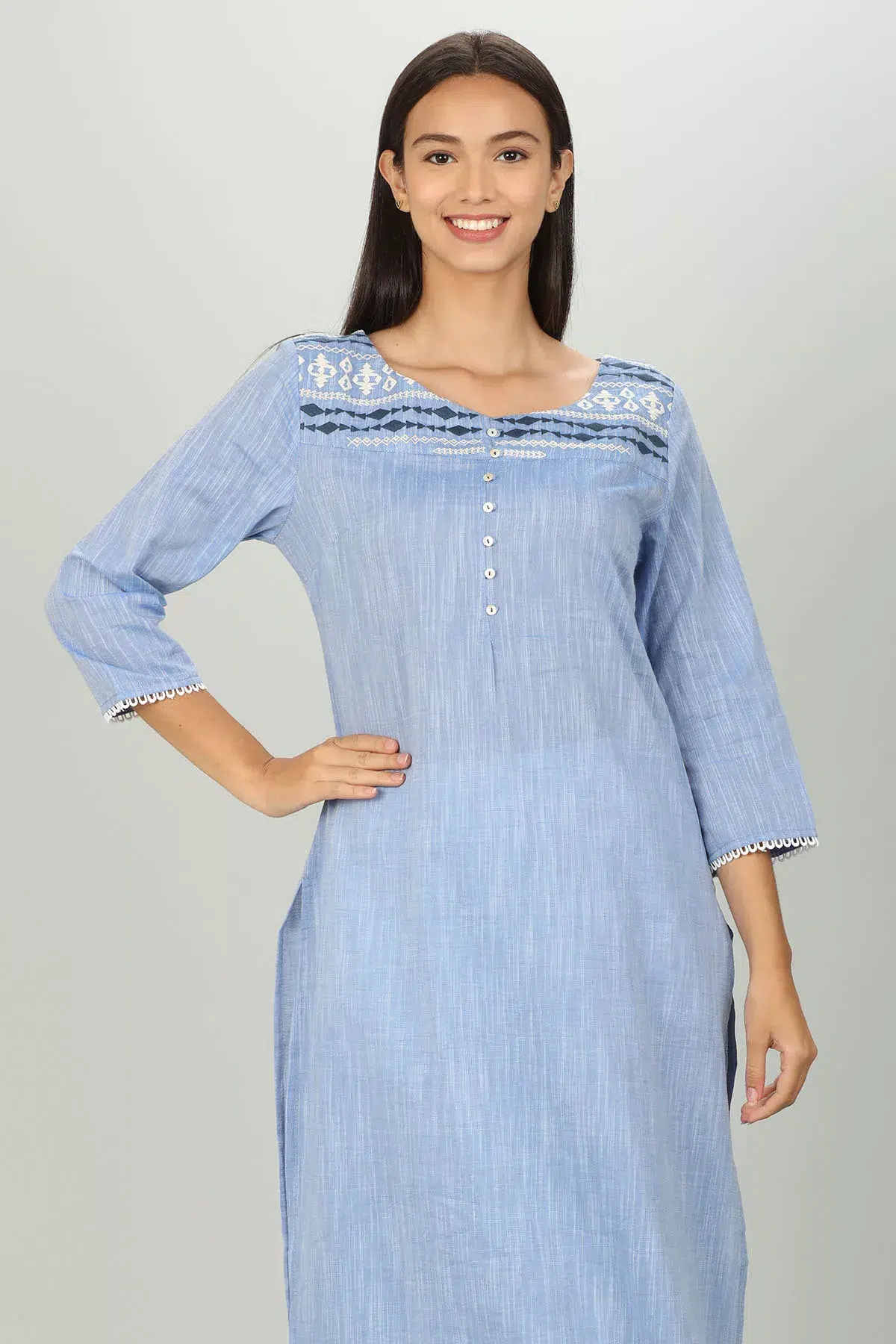 Blue Textured Ladies Embroidered Kurti