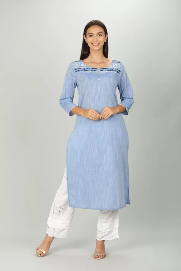 Blue Textured Ladies Embroidered Kurti