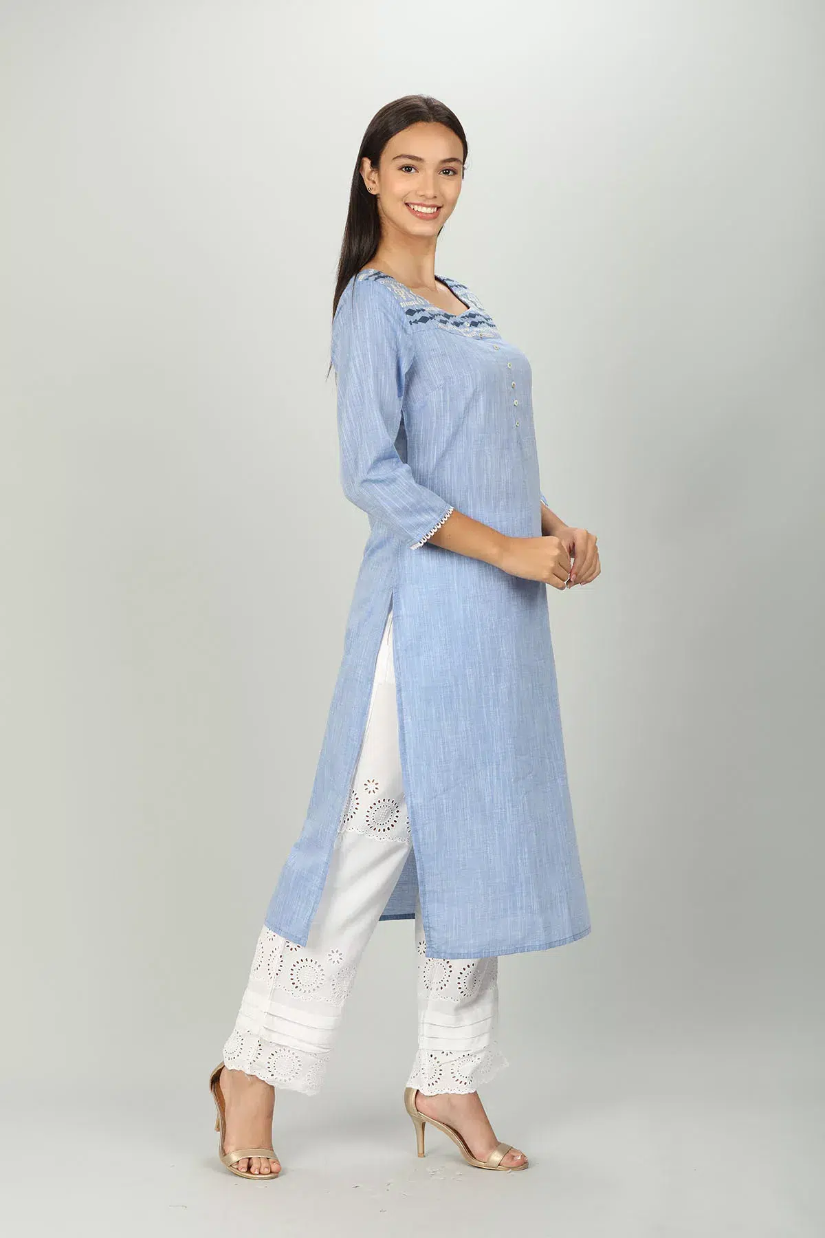 Blue Textured Ladies Embroidered Kurti