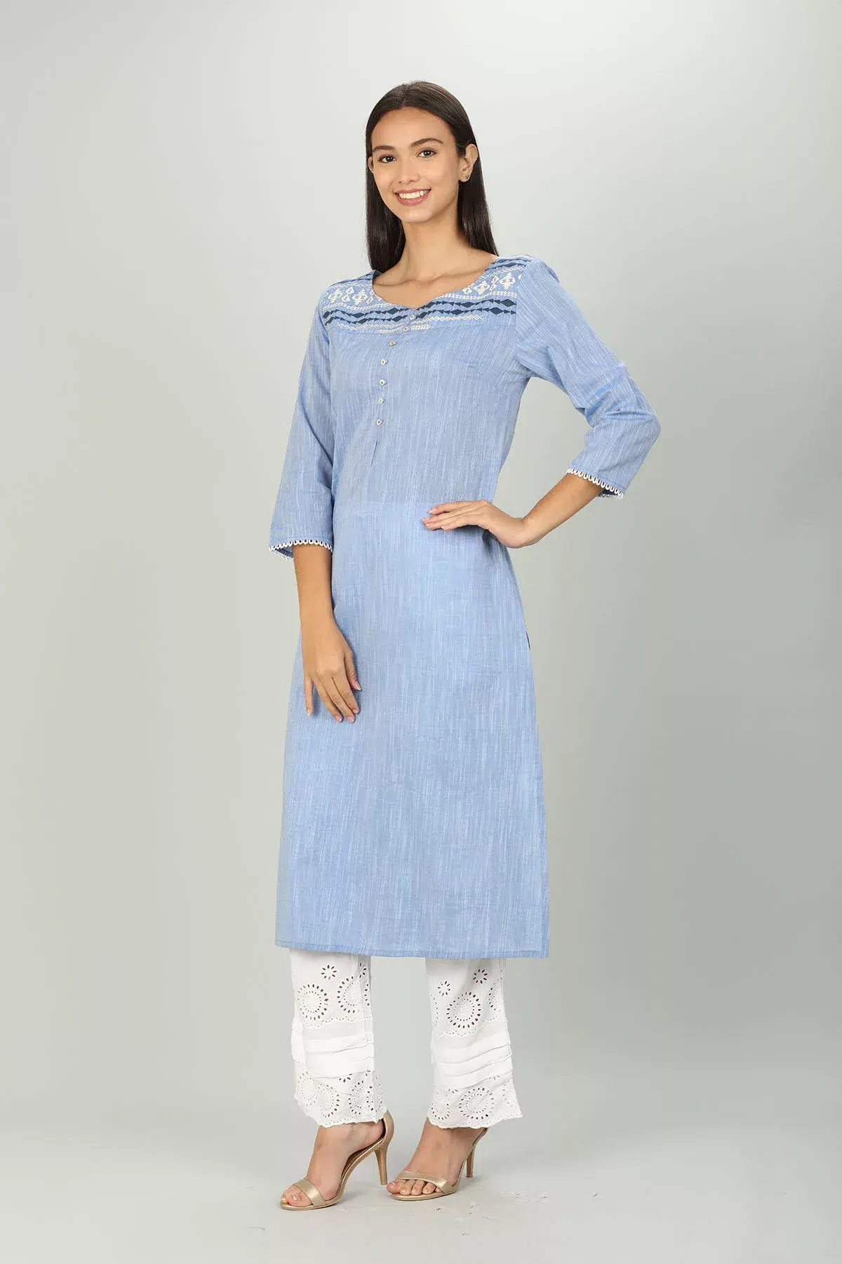 Blue Textured Ladies Embroidered Kurti