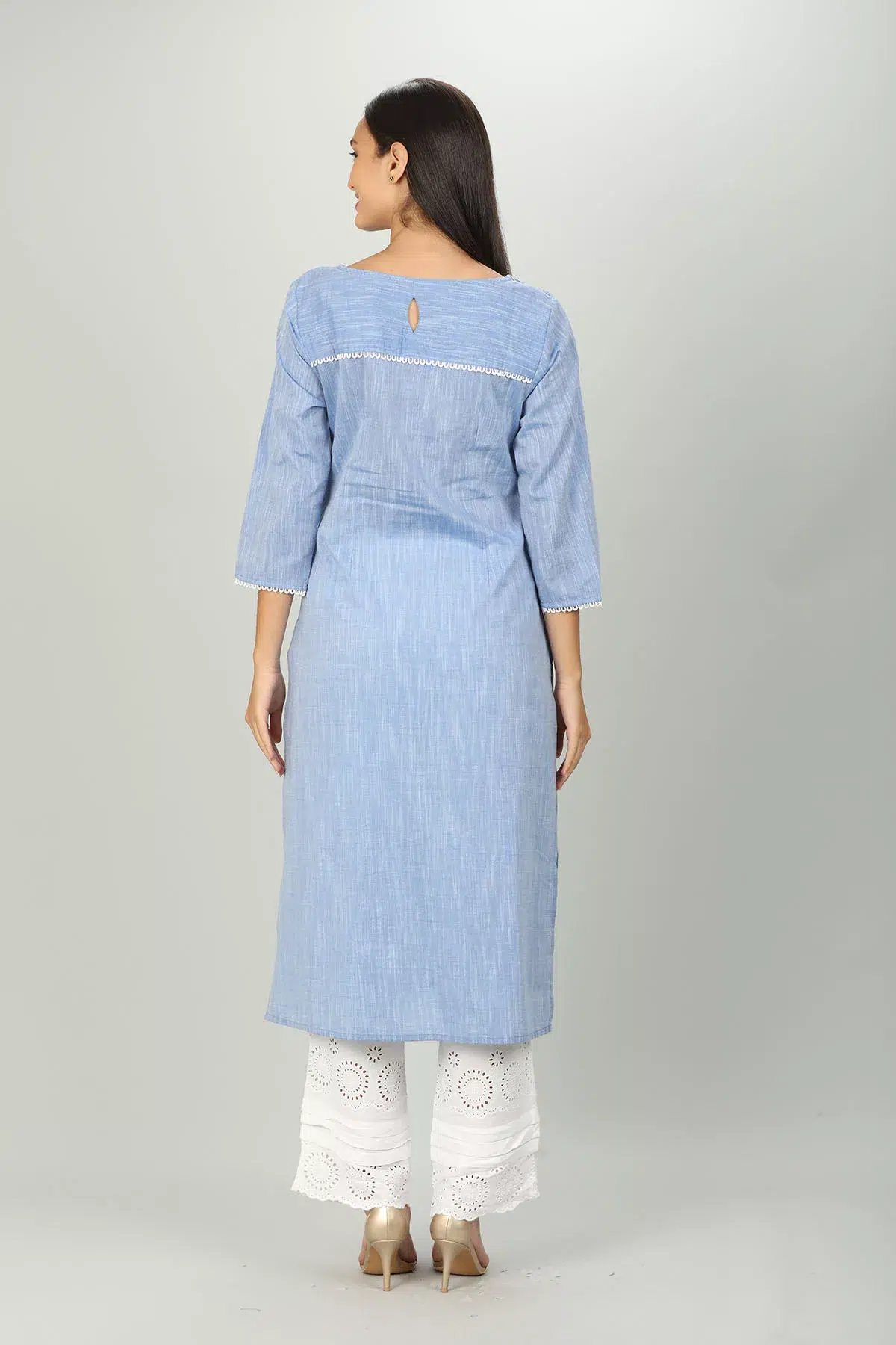 Blue Textured Ladies Embroidered Kurti