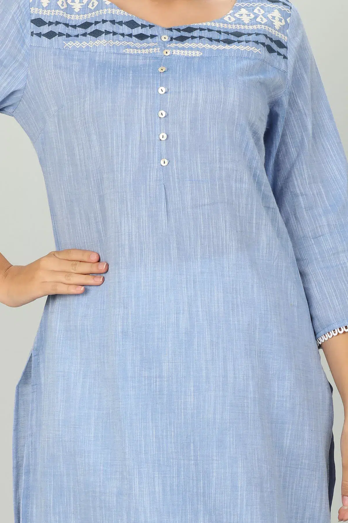 Blue Textured Ladies Embroidered Kurti