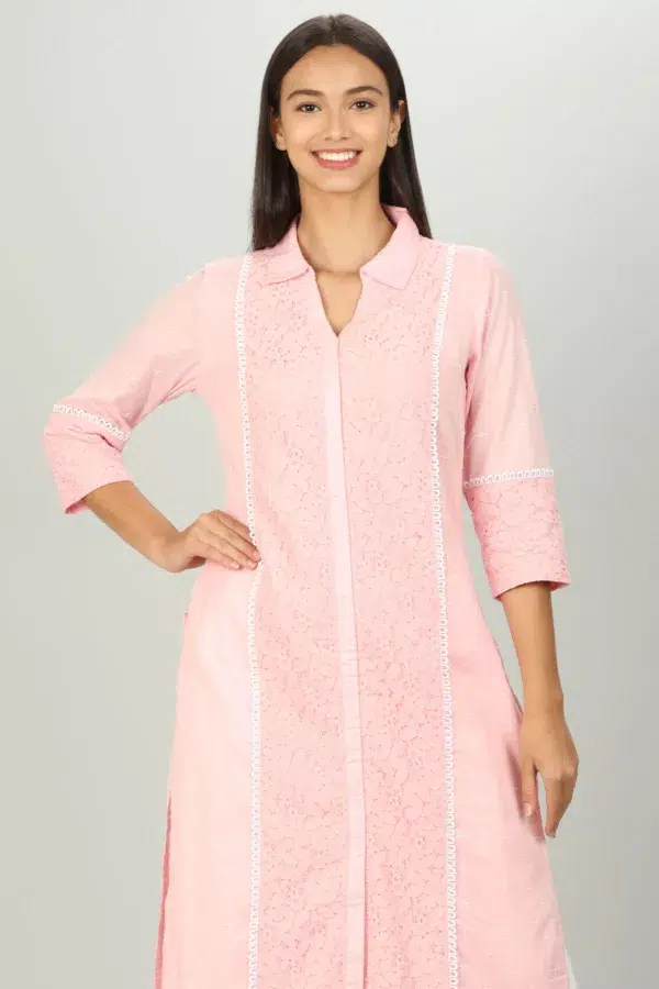 Pink Schiffli Ladies Kurti Cotton