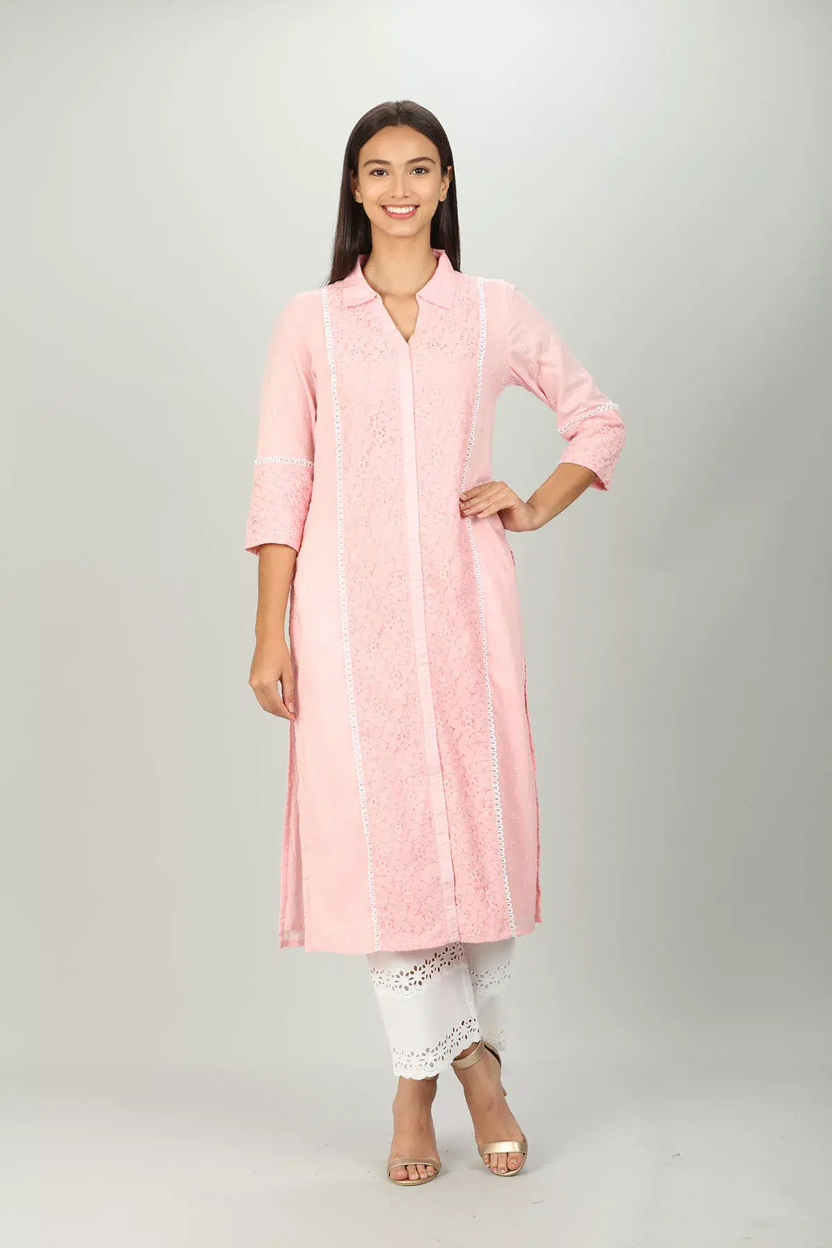 Pink Schiffli Ladies Kurti Cotton