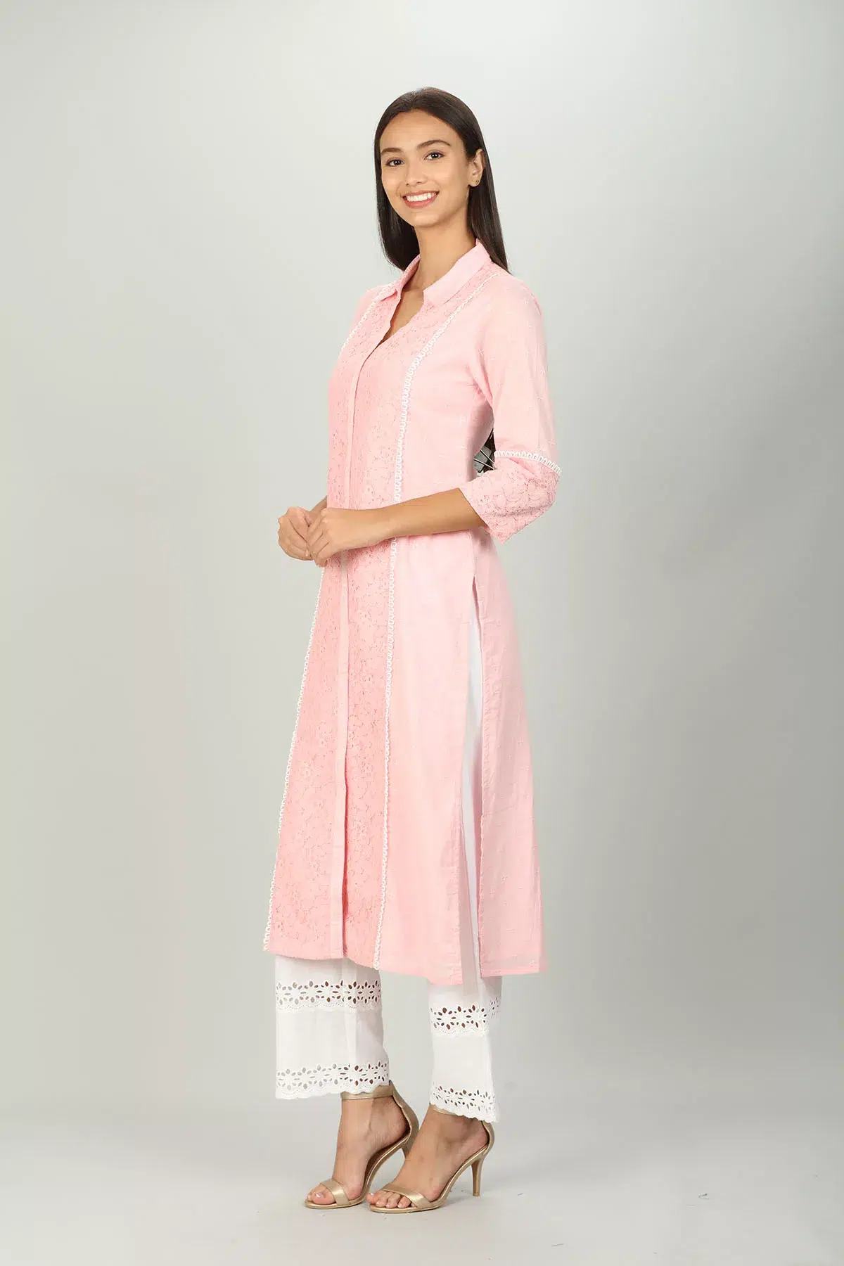 Pink Schiffli Ladies Kurti Cotton
