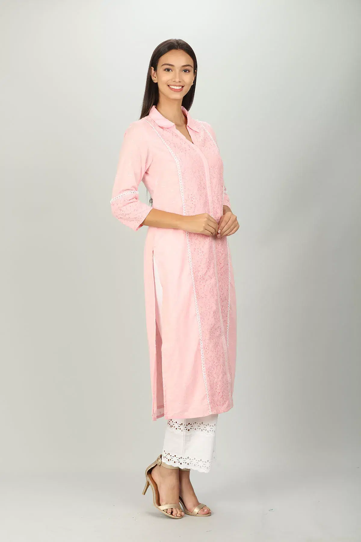 Pink Schiffli Ladies Kurti Cotton