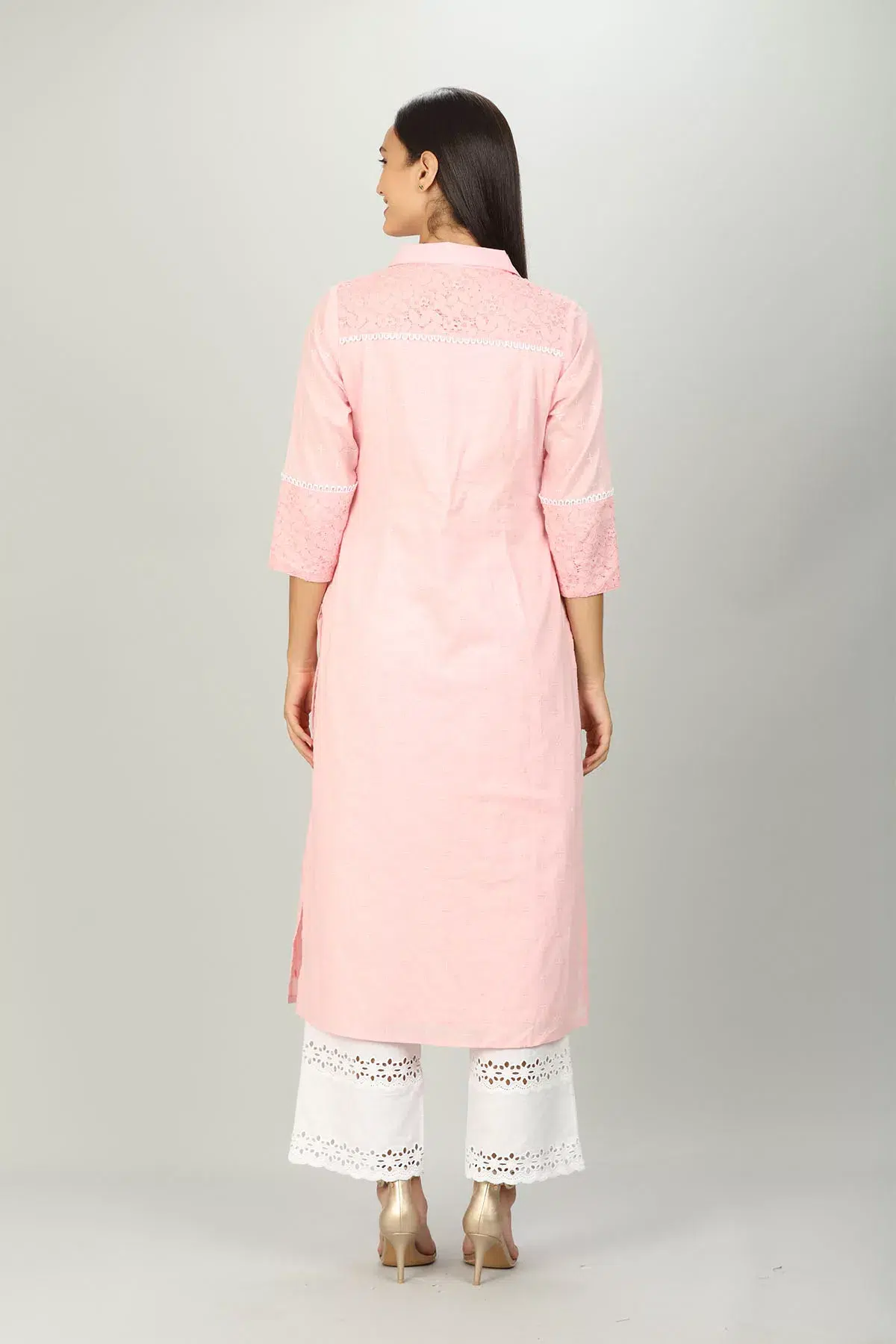 Pink Schiffli Ladies Kurti Cotton
