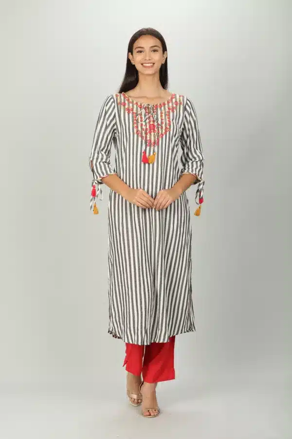 White And Grey Striped Female Kurti