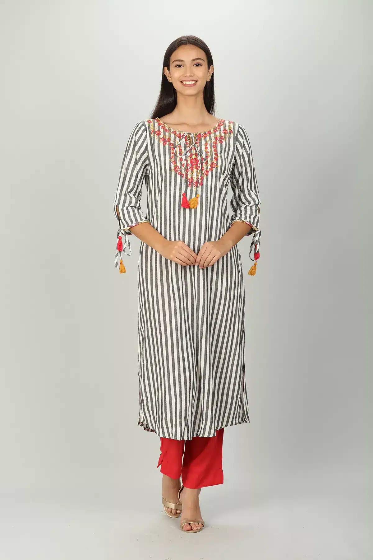 White And Grey Striped Female Kurti