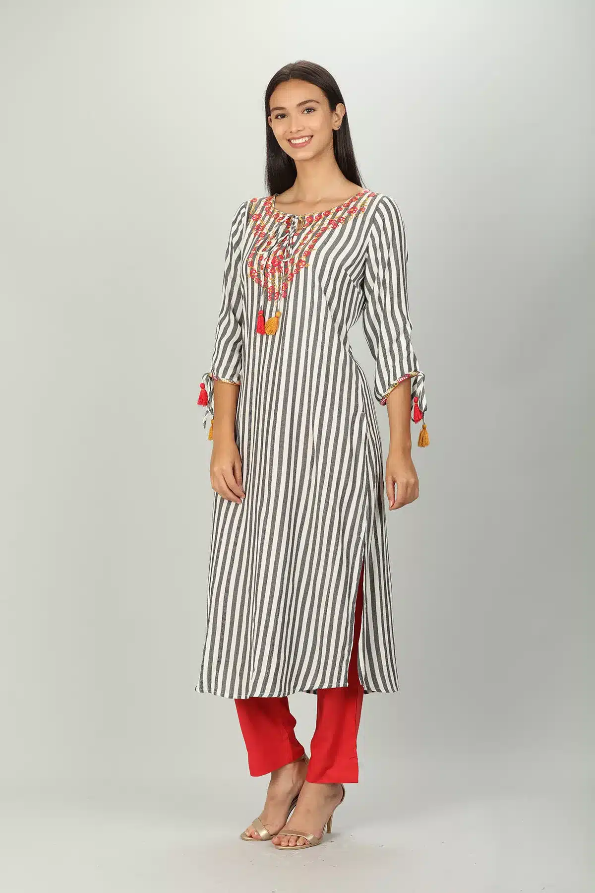 White And Grey Striped Female Kurti
