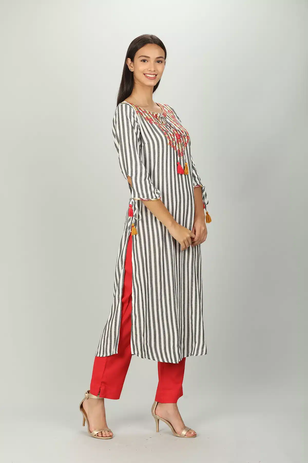 White And Grey Striped Female Kurti
