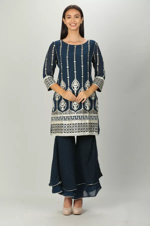 Embroidered Blue Short Kurti For Women