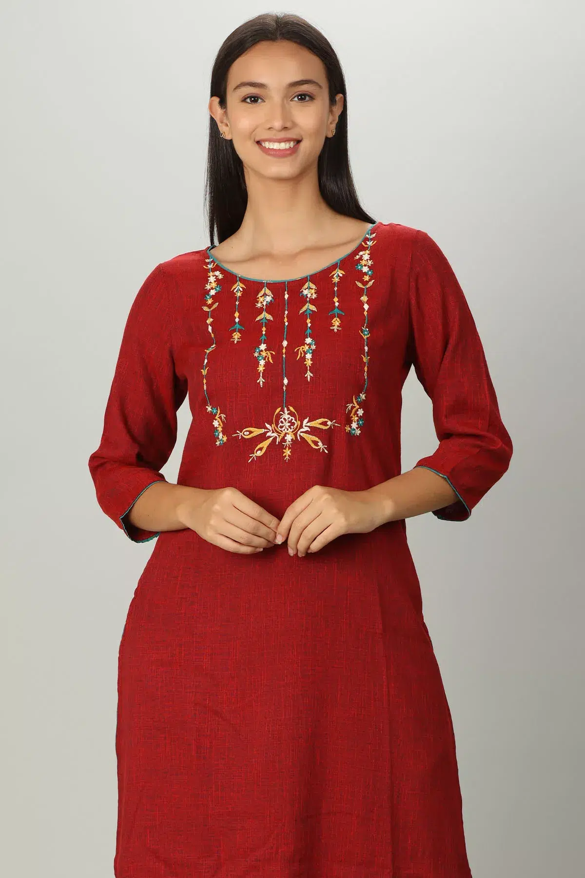 Dark Red Embroidered Women Kurti Long