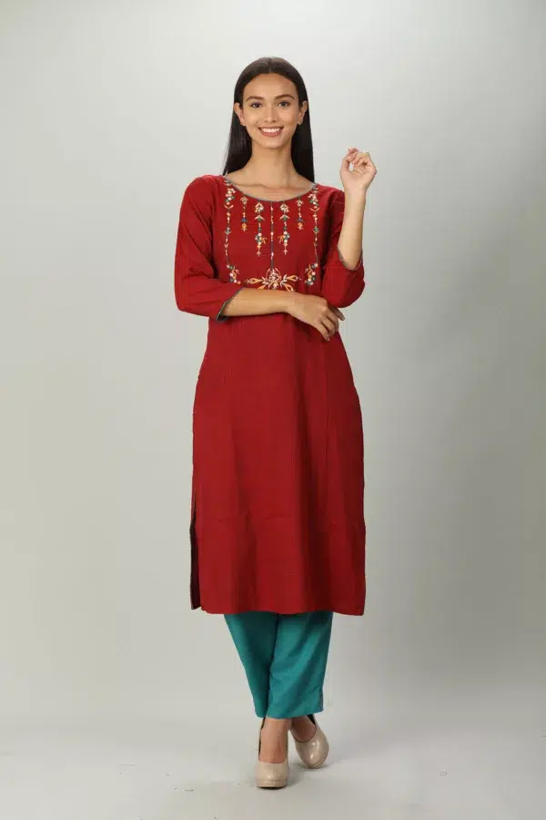 Dark Red Embroidered Women Kurti Long