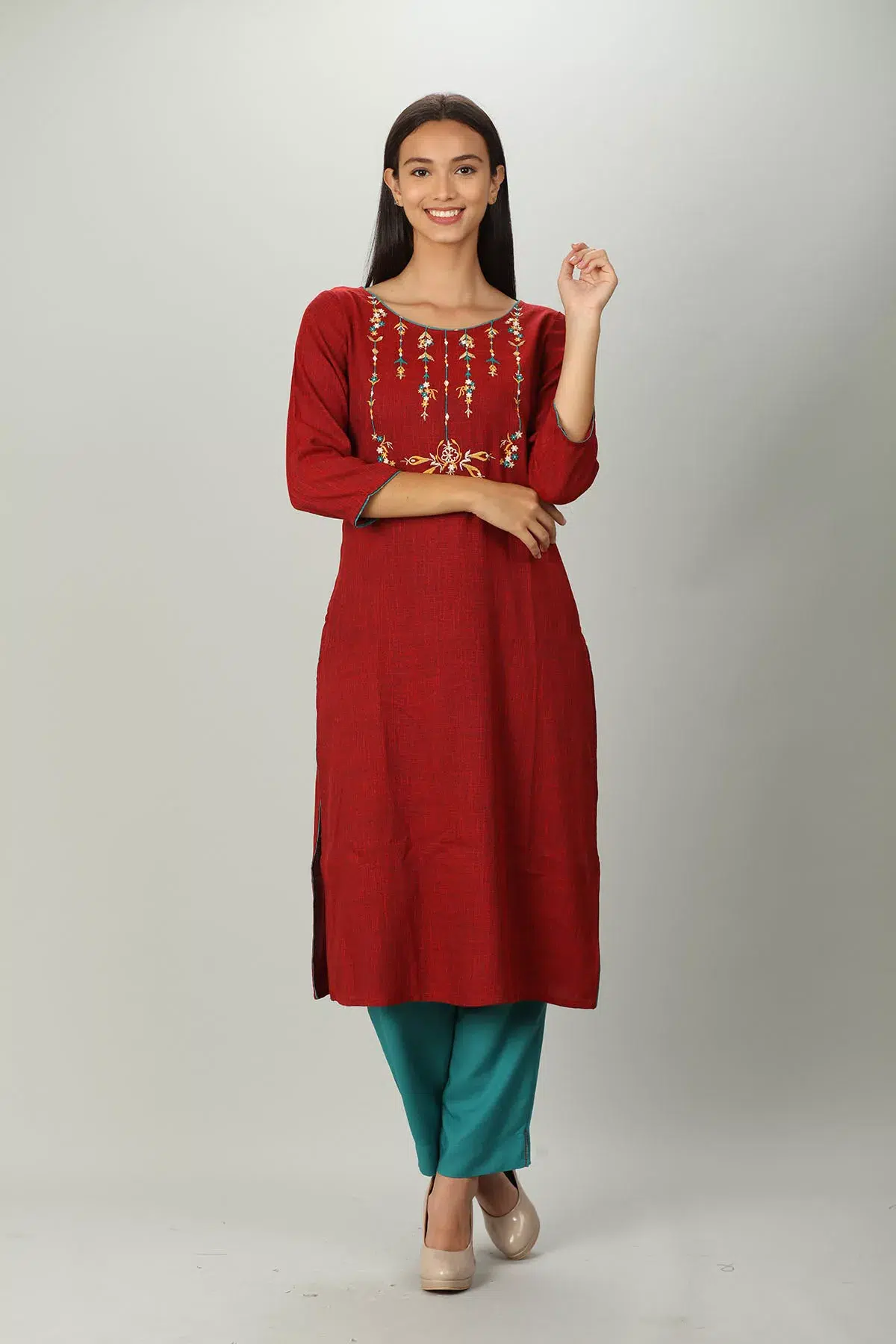 Dark Red Embroidered Women Kurti Long