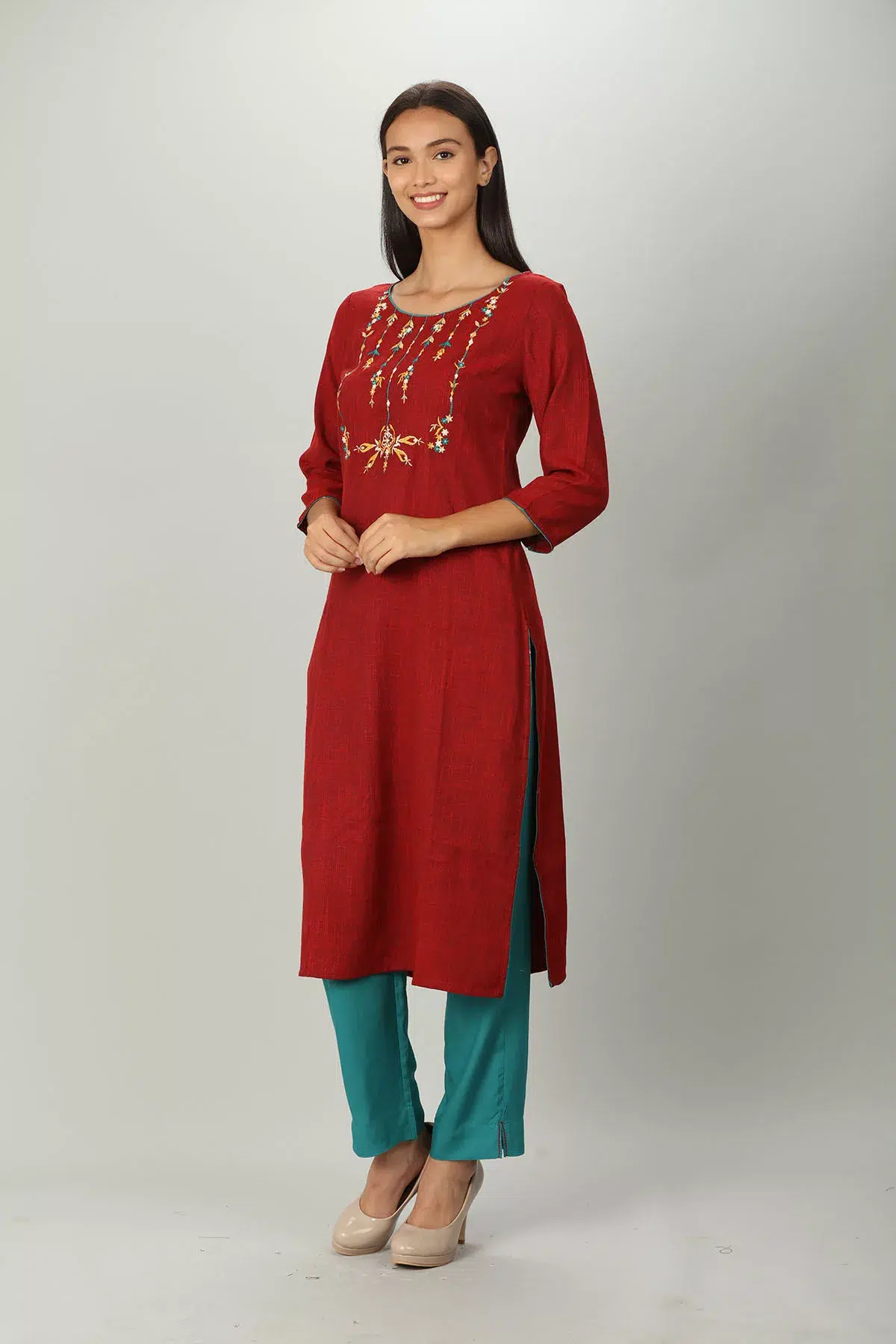 Dark Red Embroidered Women Kurti Long