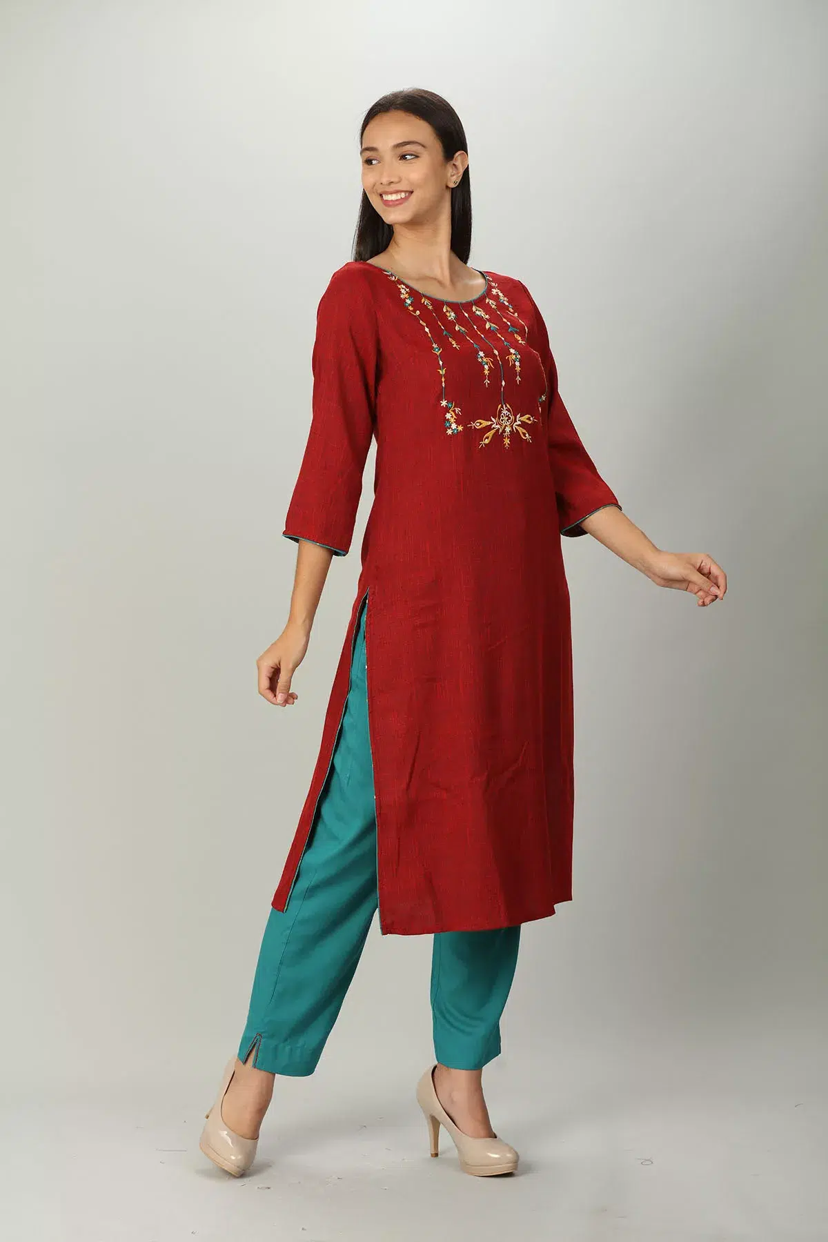 Dark Red Embroidered Women Kurti Long