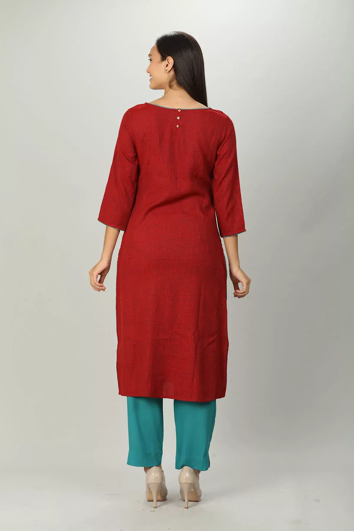 Dark Red Embroidered Women Kurti Long