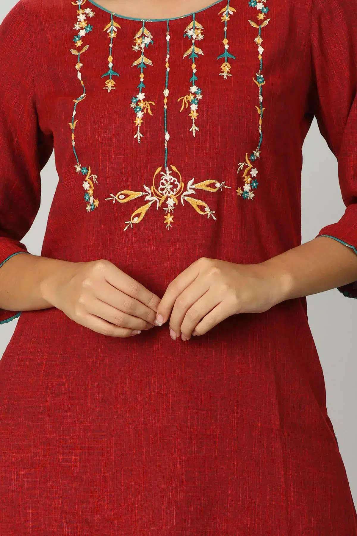 Dark Red Embroidered Women Kurti Long