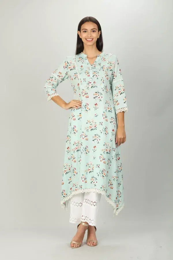 Floral Print Mint Green Kurti For Women