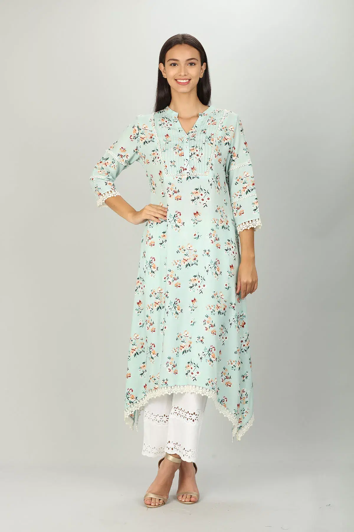Floral Print Mint Green Kurti For Women