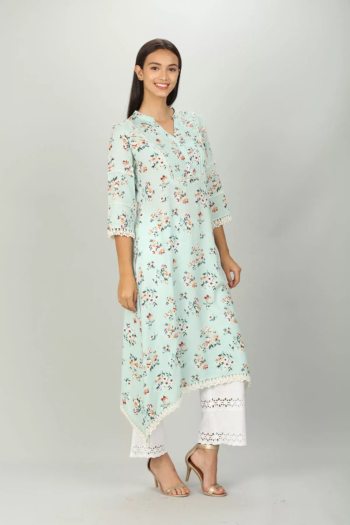 Floral Print Mint Green Kurti For Women