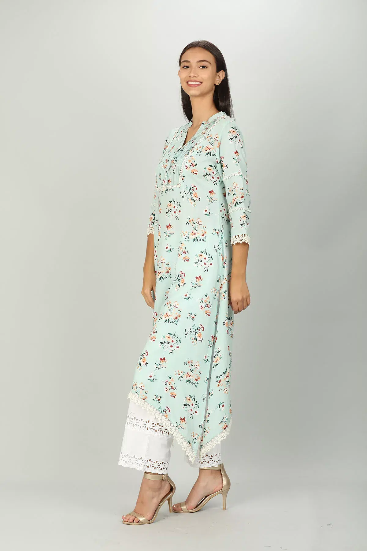Floral Print Mint Green Kurti For Women