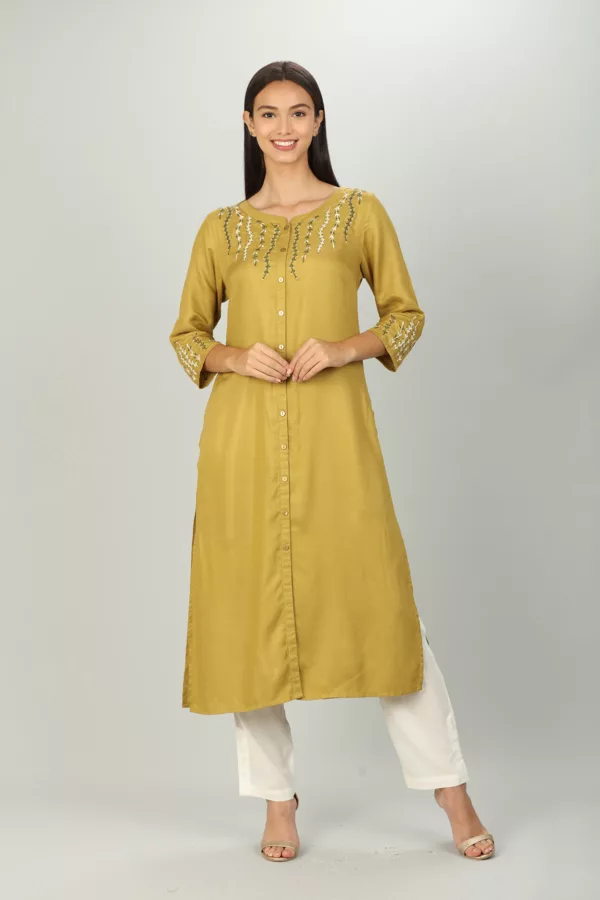 Embroidered Mustard Yellow Kurti For Women