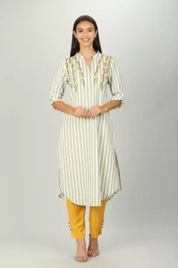 White And Light Grey Strip Kurti For Women