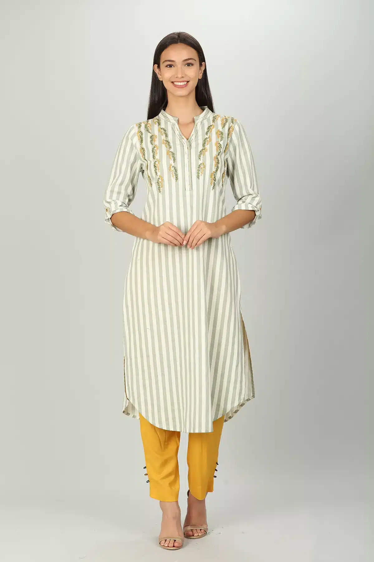 White And Light Grey Strip Kurti For Women