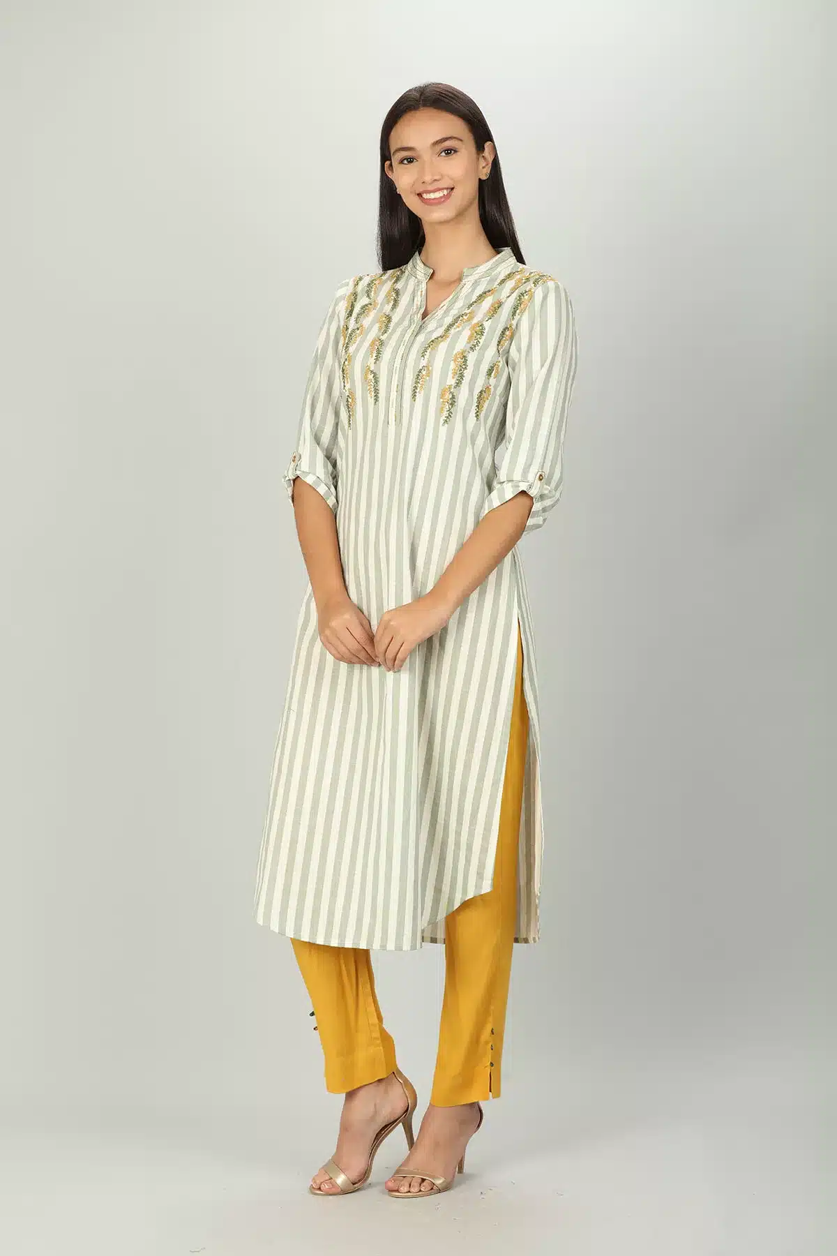 White And Light Grey Strip Kurti For Women