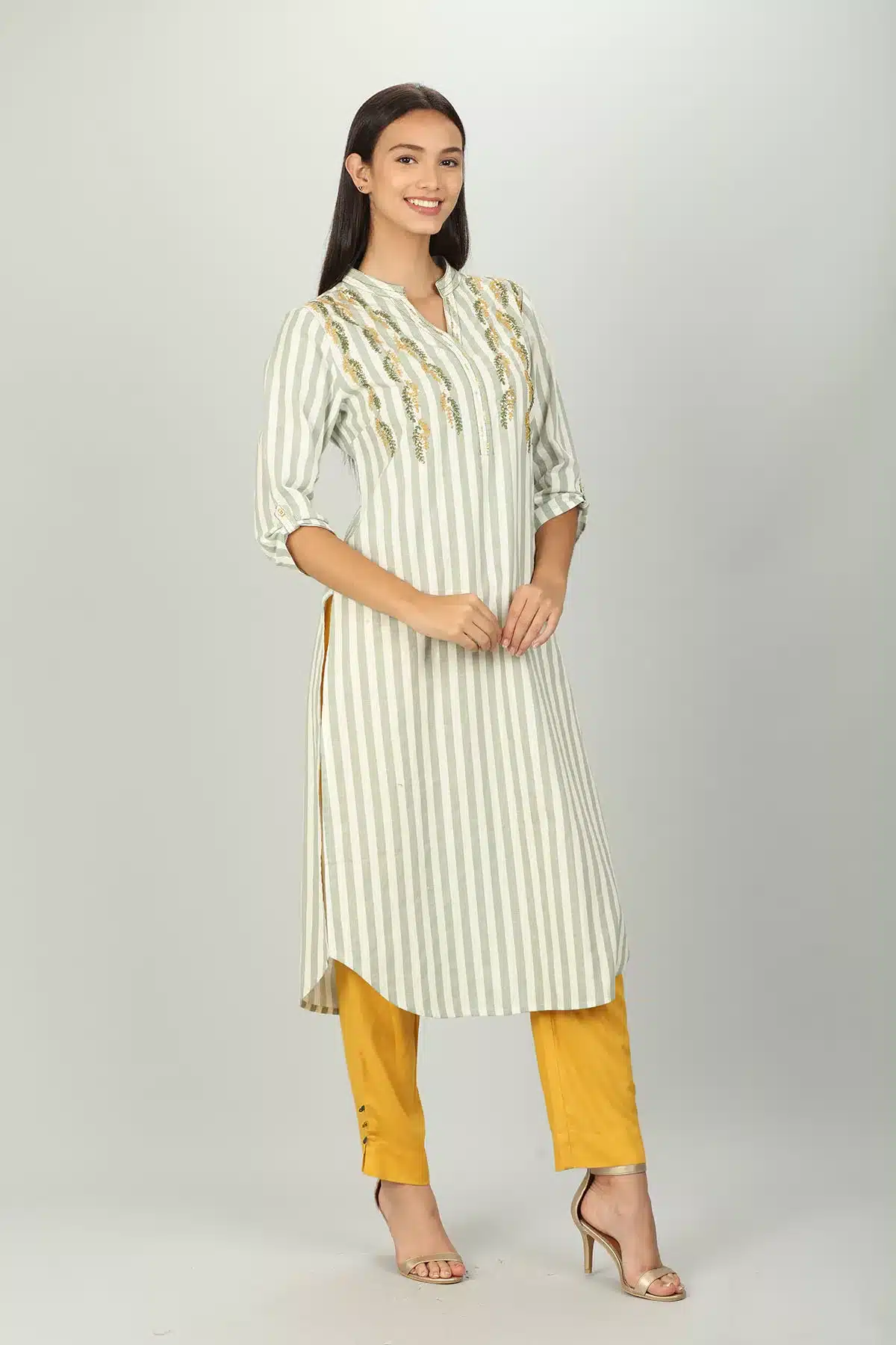 White And Light Grey Strip Kurti For Women