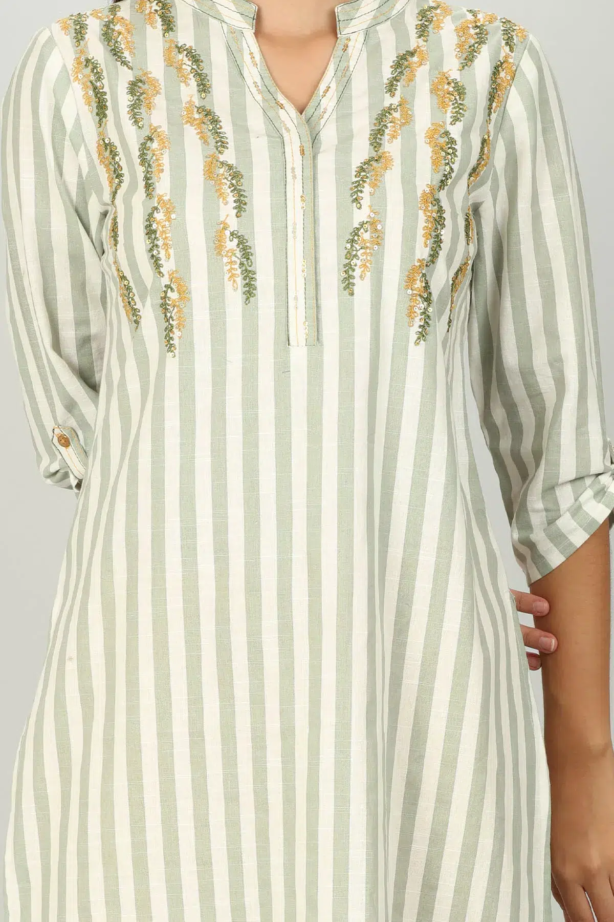 White And Light Grey Strip Kurti For Women