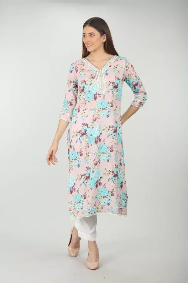 Floral Printed Pink Kurti For Women