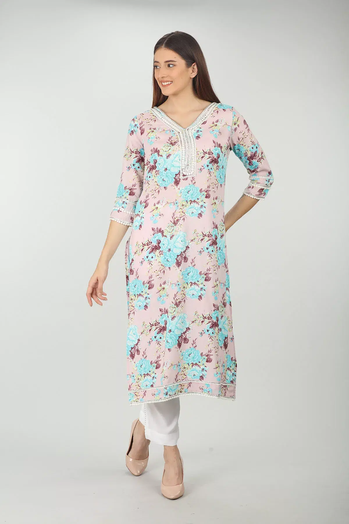 Floral Printed Pink Kurti For Women