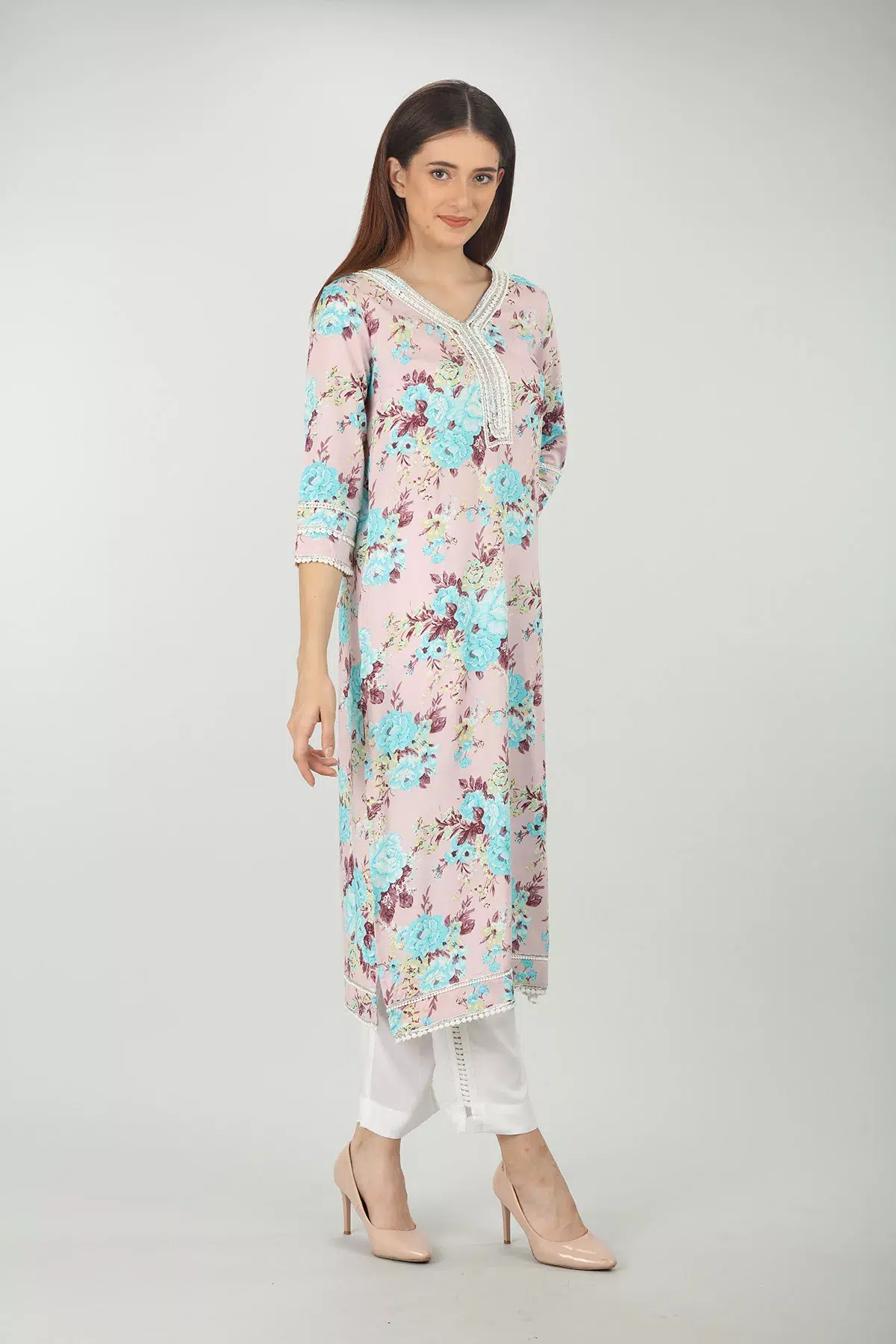 Floral Printed Pink Kurti For Women
