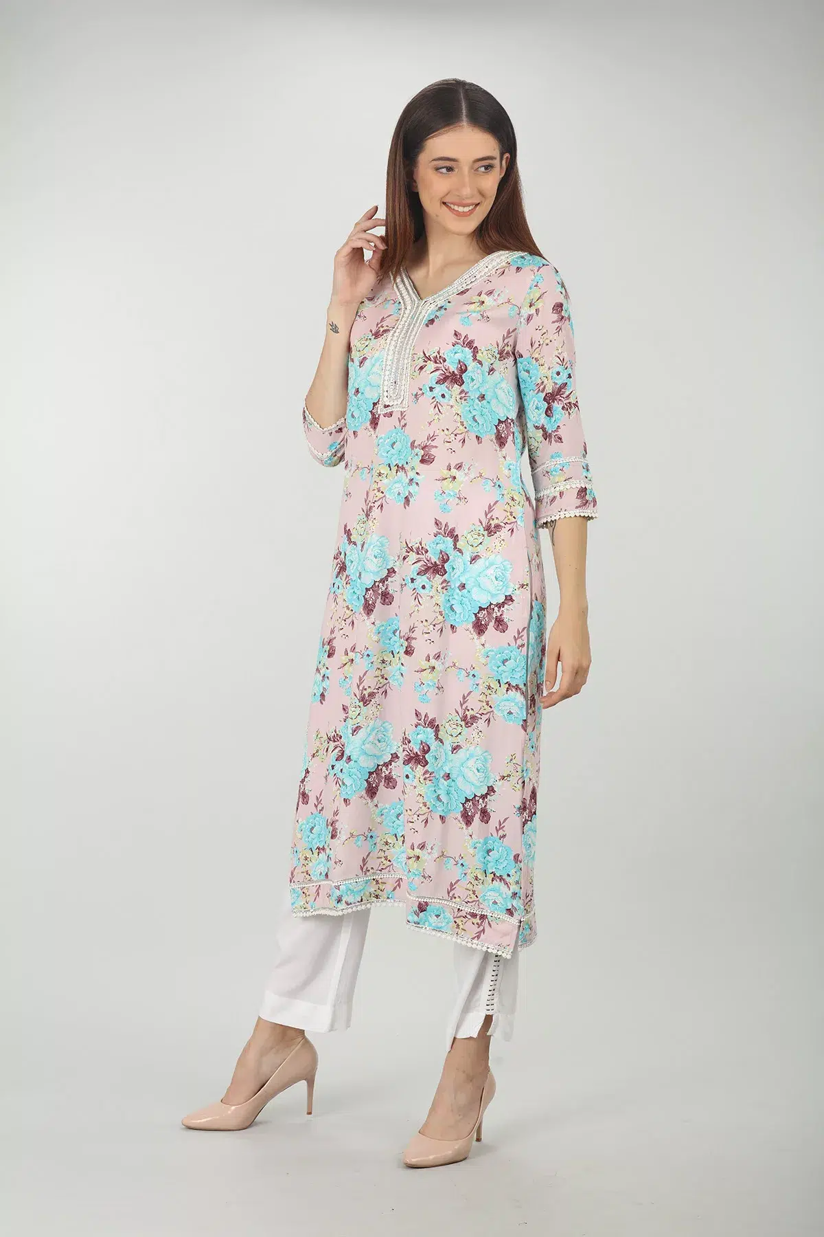 Floral Printed Pink Kurti For Women