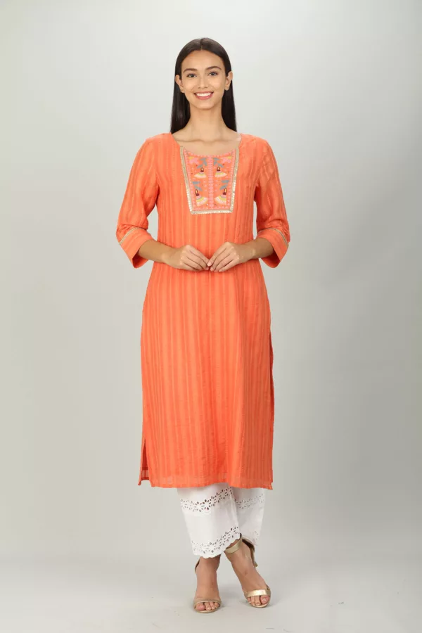 Embroidered And Textured Orange Kurta For Women