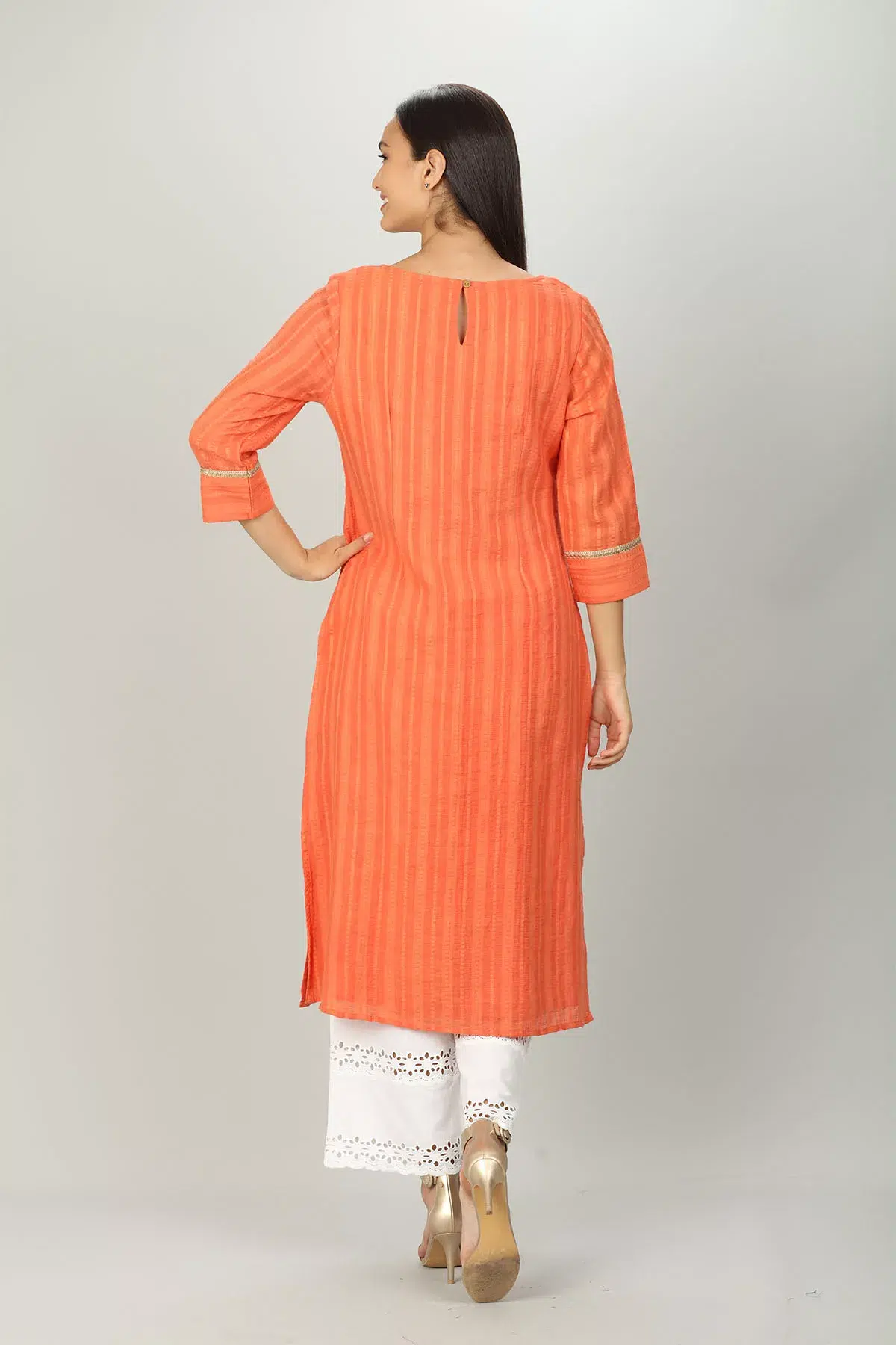 Embroidered And Textured Orange Kurta For Women