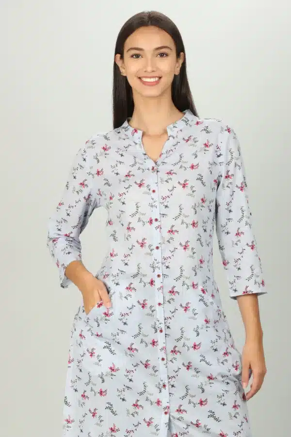 Light Grey Botanical Printed Women Kurti Long