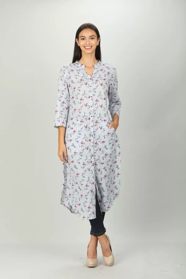 Light Grey Botanical Printed Women Kurti Long
