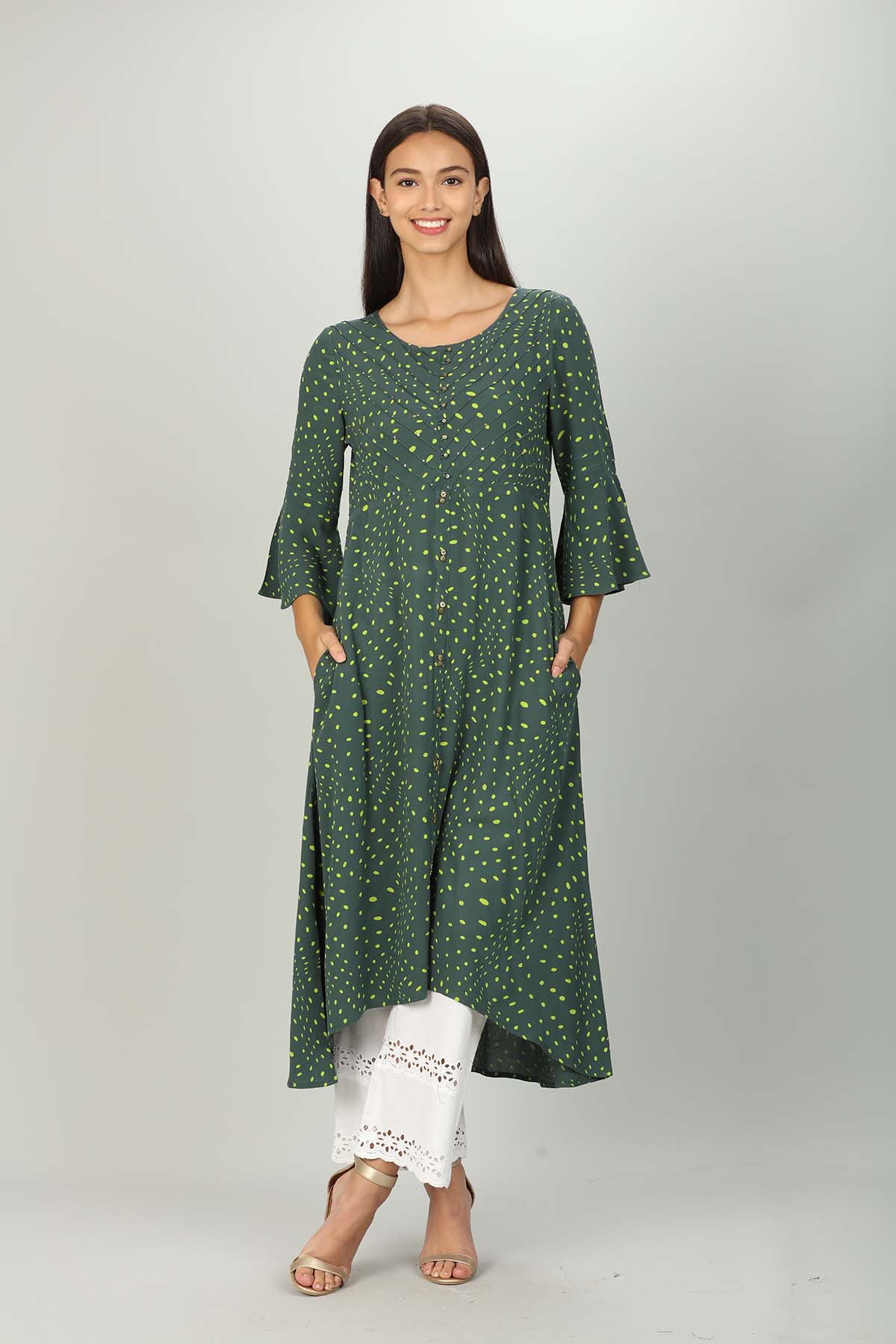Polka Dot Dark Green Kurta For Ladies