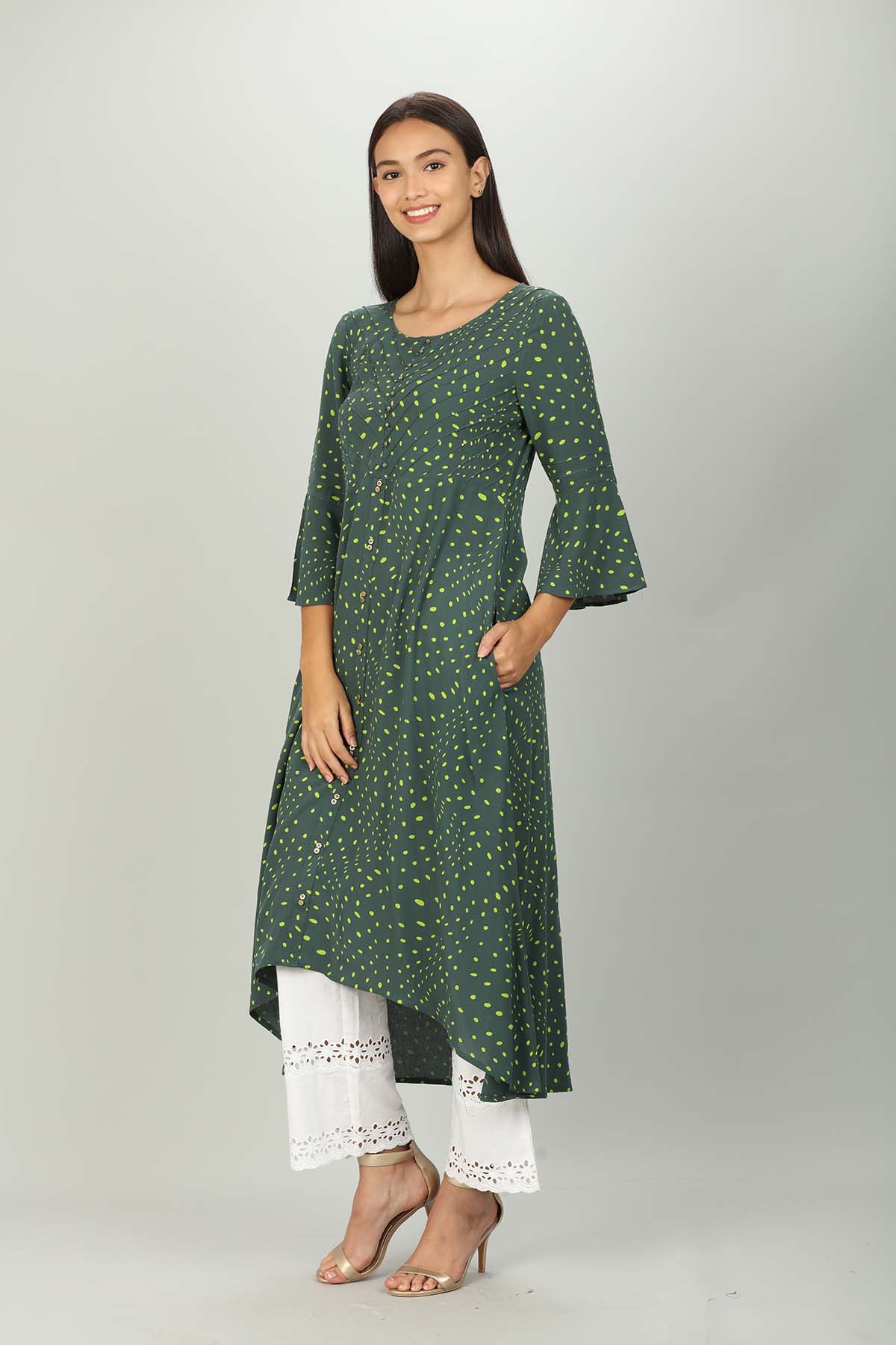 Polka Dot Dark Green Kurta For Ladies