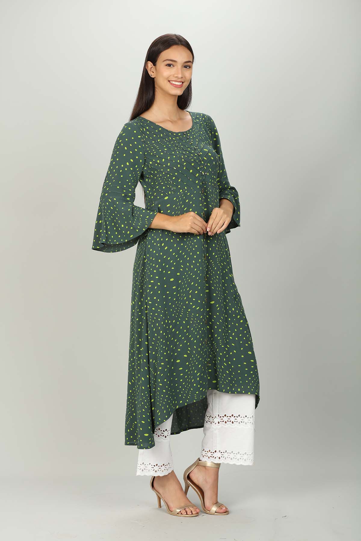 Polka Dot Dark Green Kurta For Ladies