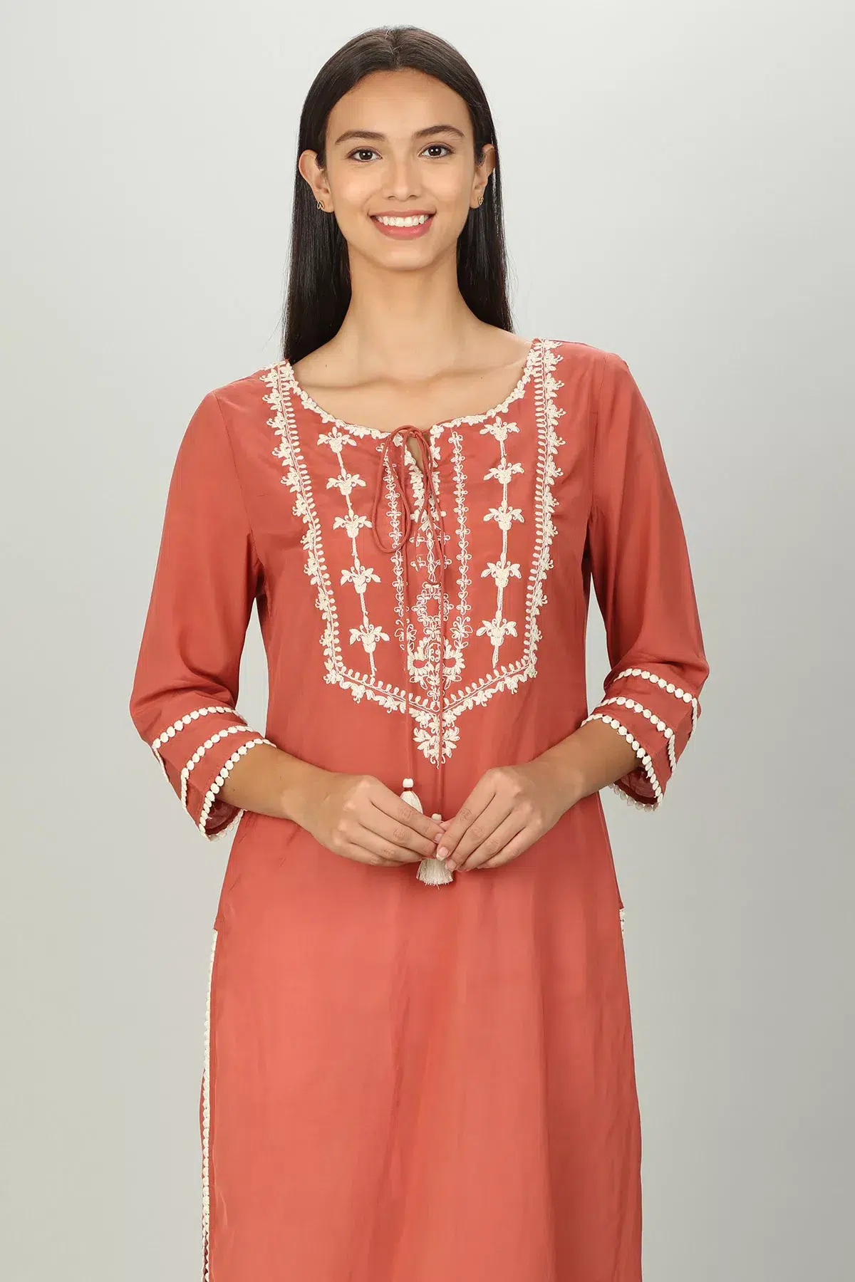 Embroidered Peach Colour Kurti For Women