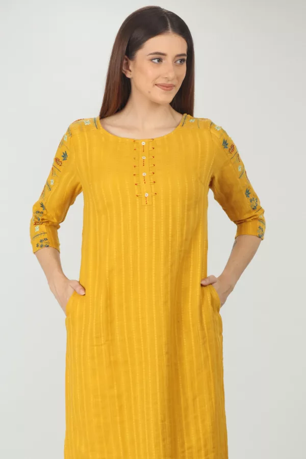 Embroidered Textured Yellow Kurti For Women