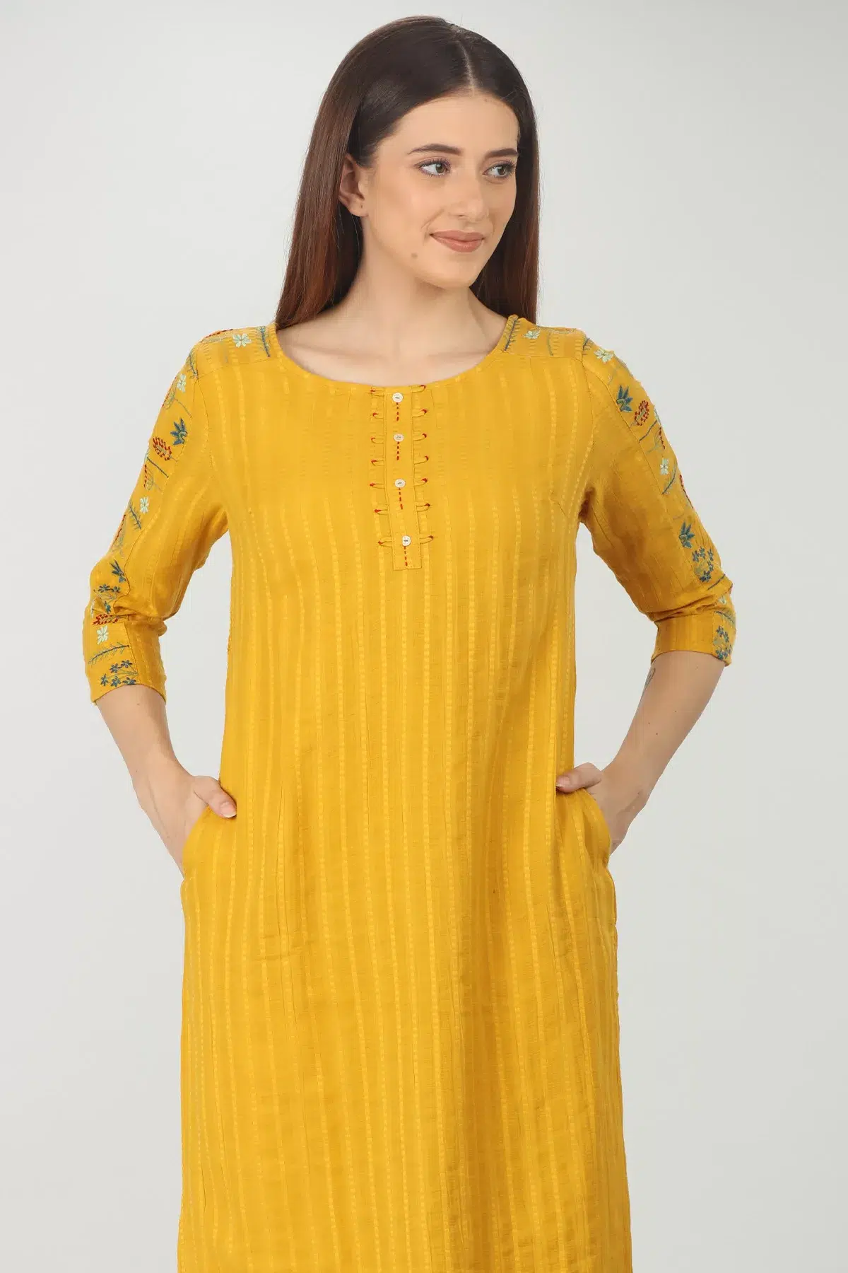 Embroidered Textured Yellow Kurti For Women