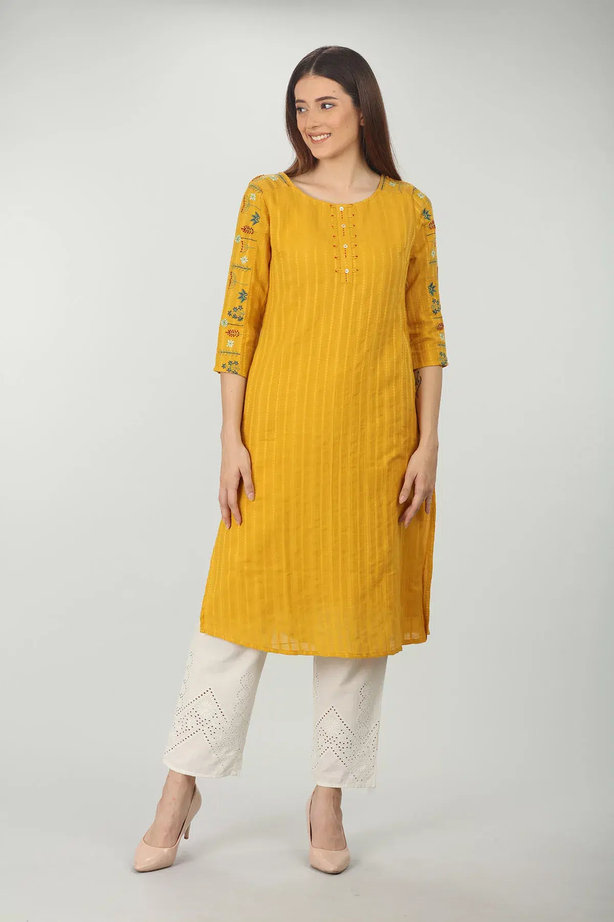 Embroidered Textured Yellow Kurti For Women